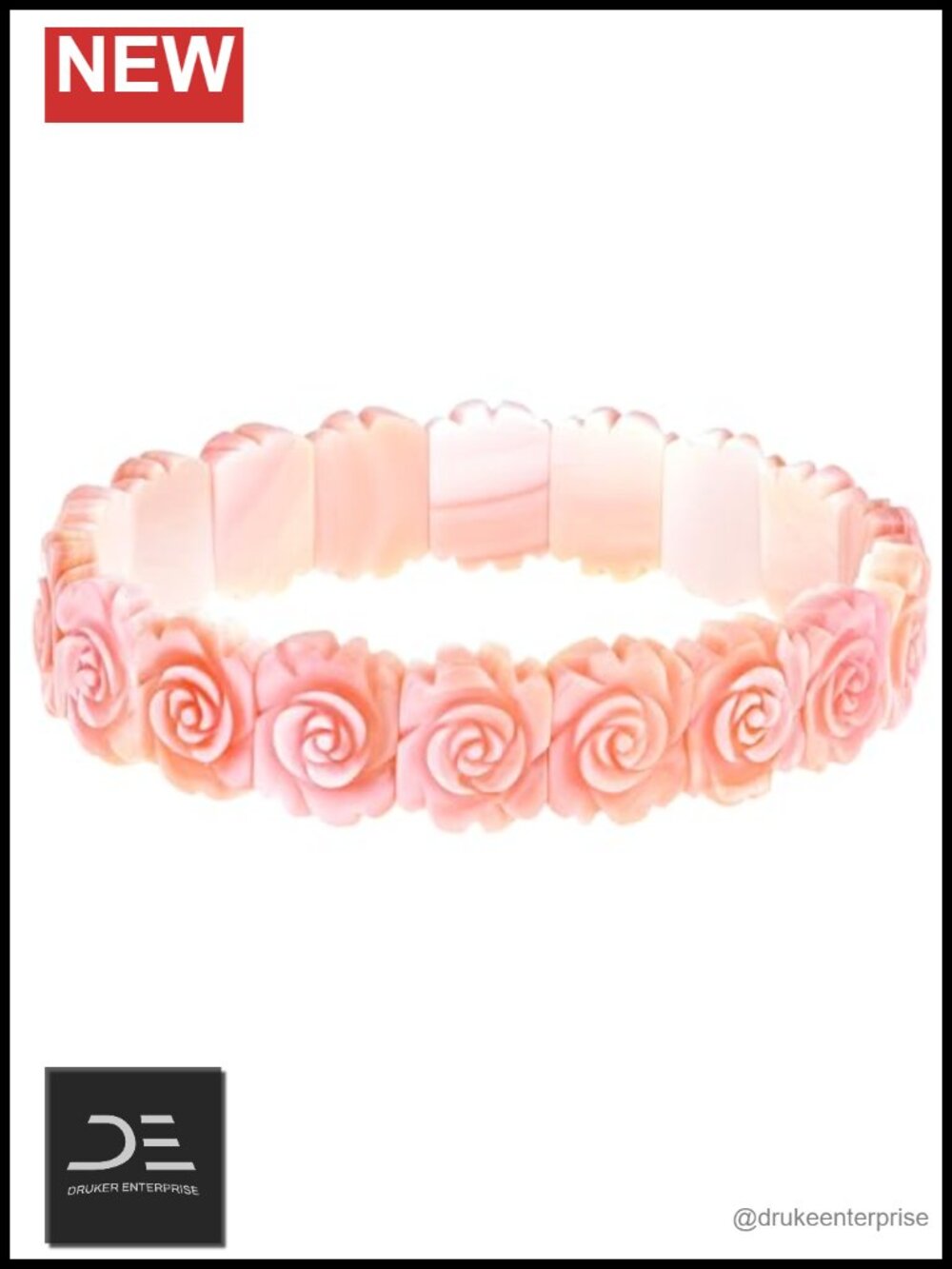 Hand Carved Pink Conch Shell Rose Stretch Bracelet Boho Floral Jewelry